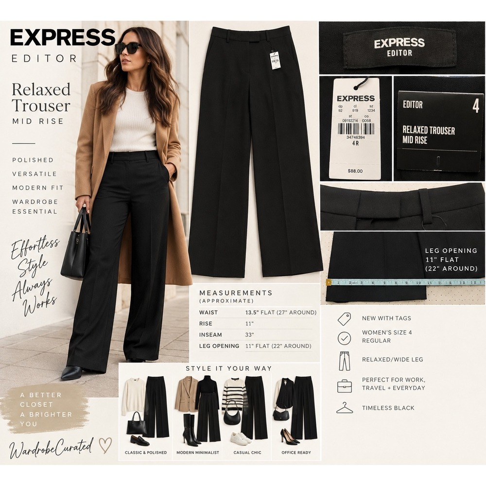Express Editor Relaxed Trouser Women 4 Black Mid Rise Wide Leg Pants NWT